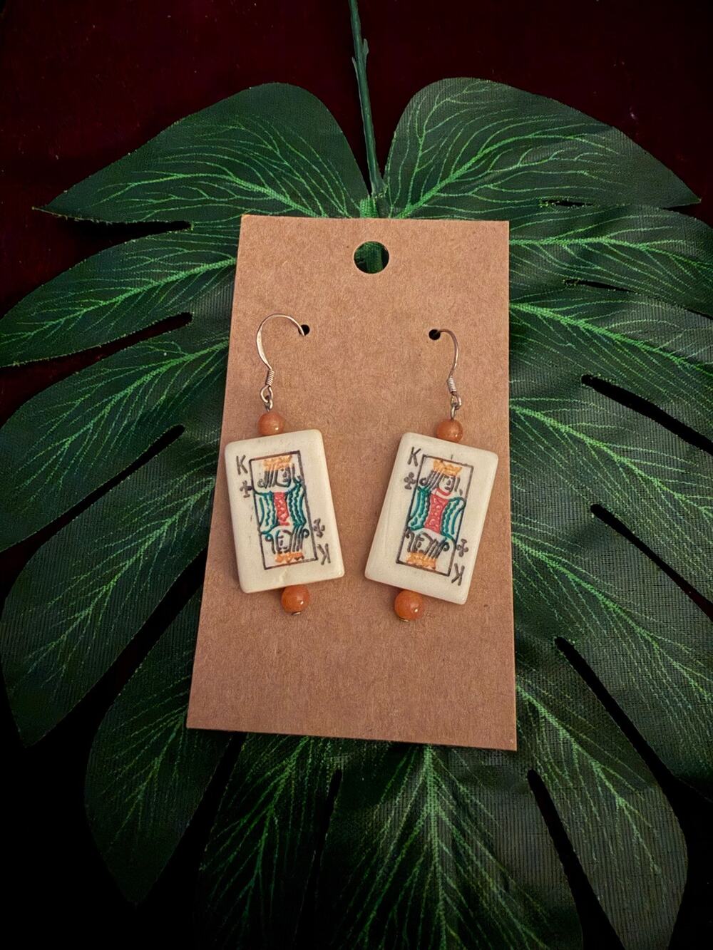 King of Clubs carved bone Playing Card Tile Dangle Earrings Brown Beads Casino